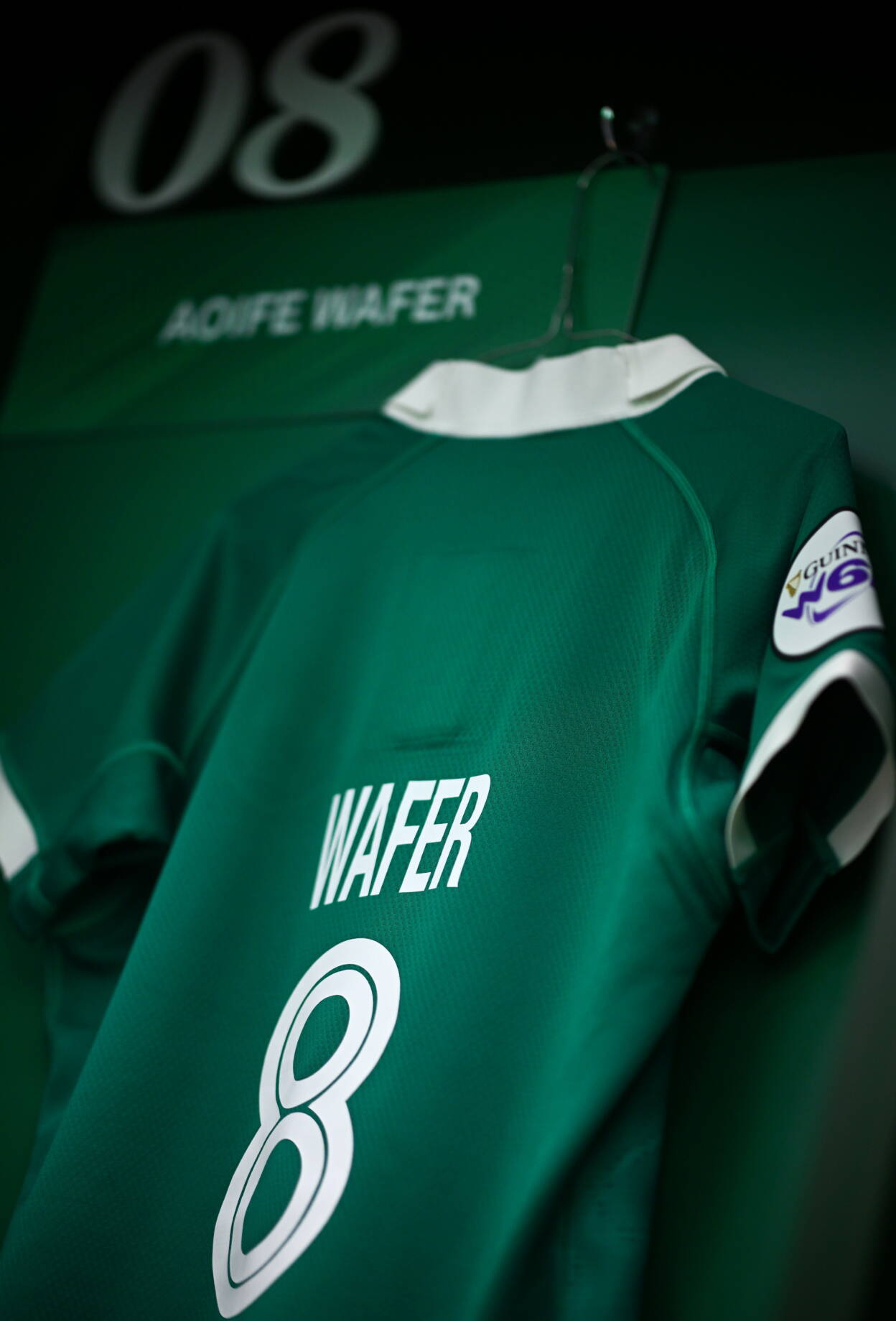Aoife Wafer's Ireland jersey hanging in the dressing room