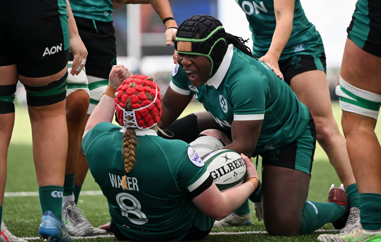 Try scorer Aoife Wafer is congratulated by Linda Djougang