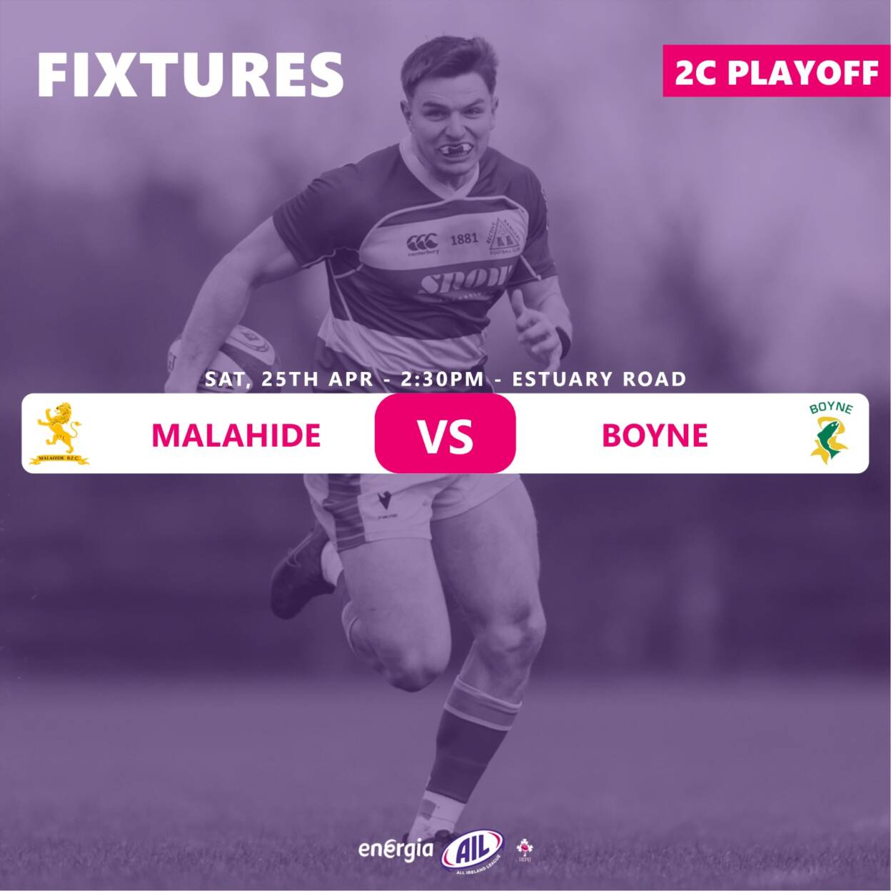 Fixture details for the Division 2C play-off between Malahide and Boyne