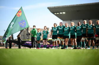 18 April 2026; The Ireland players stand for the national anthems before the Women's Six Nations Rugby Championship match between Ireland and Italy at Dexcom Stadium in Galway. Photo by Shauna Clinton/Sportsfile