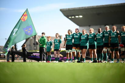 18 April 2026; The Ireland players stand for the national anthems before the Women's Six Nations Rugby Championship match between Ireland and Italy at Dexcom Stadium in Galway. Photo by Shauna Clinton/Sportsfile