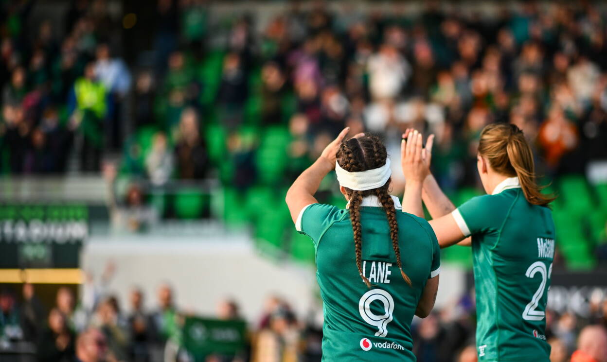 Emily Lane and Anna McGann acknowledge the support at Dexcom Stadium