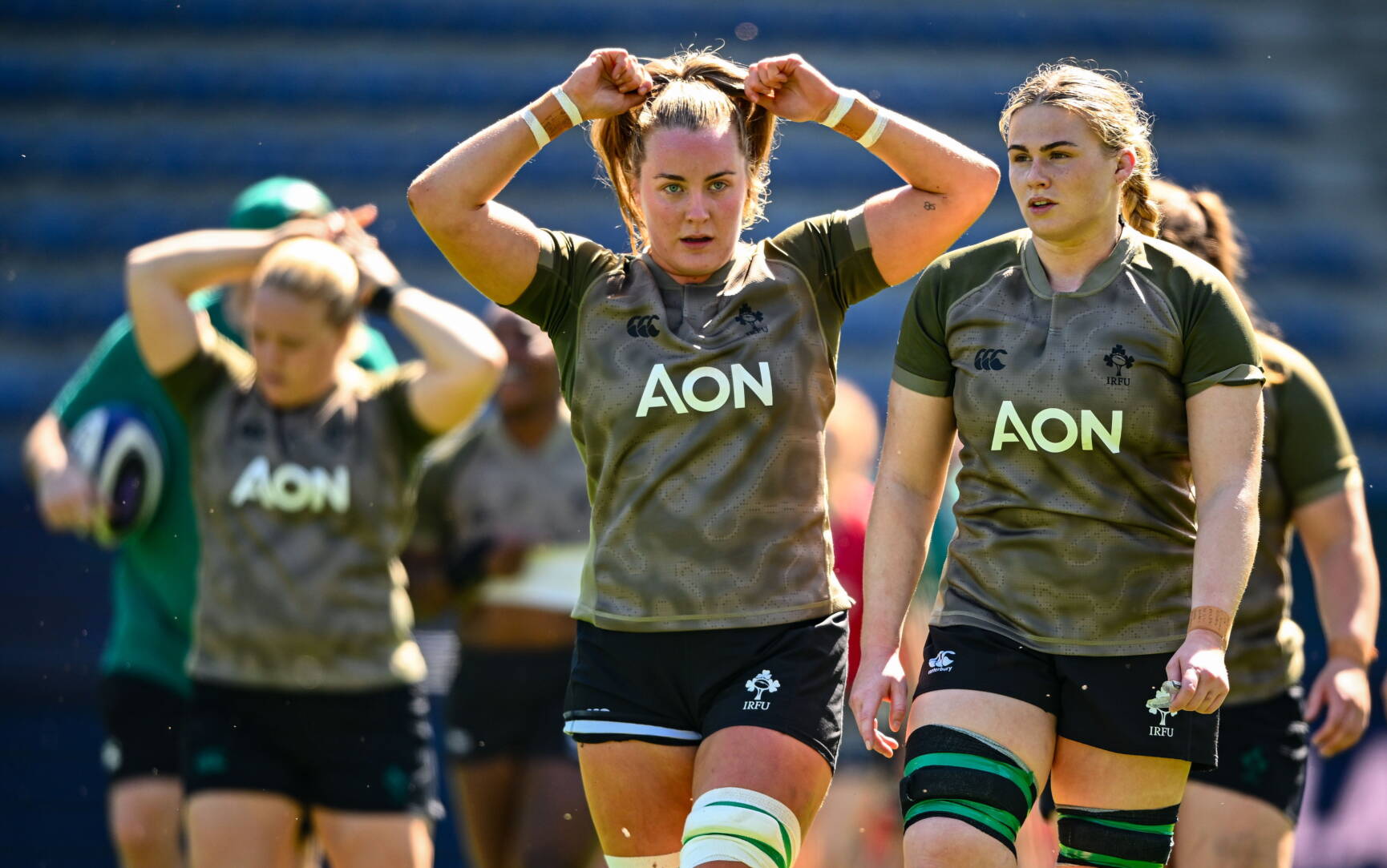 24 April 2026; Fiona Tuite, centre, and Dorothy Wall during an Ireland Women's Rugby captain's run at Stade Marcel Michelin in Clermont, France. Photo by Shauna Clinton/Sportsfile