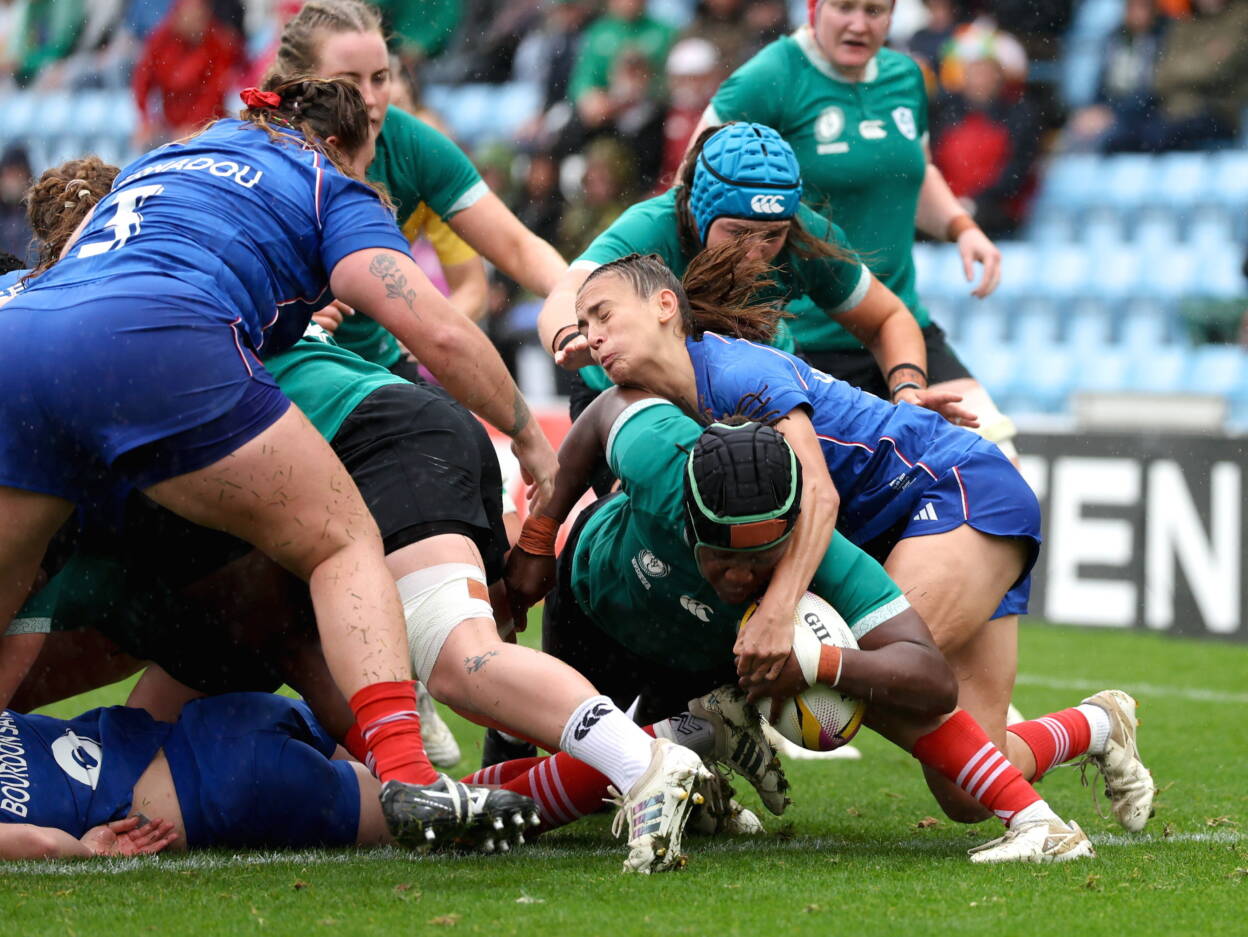 Linda Djougang is pictured scoring a try against France at last year's Rugby World Cup