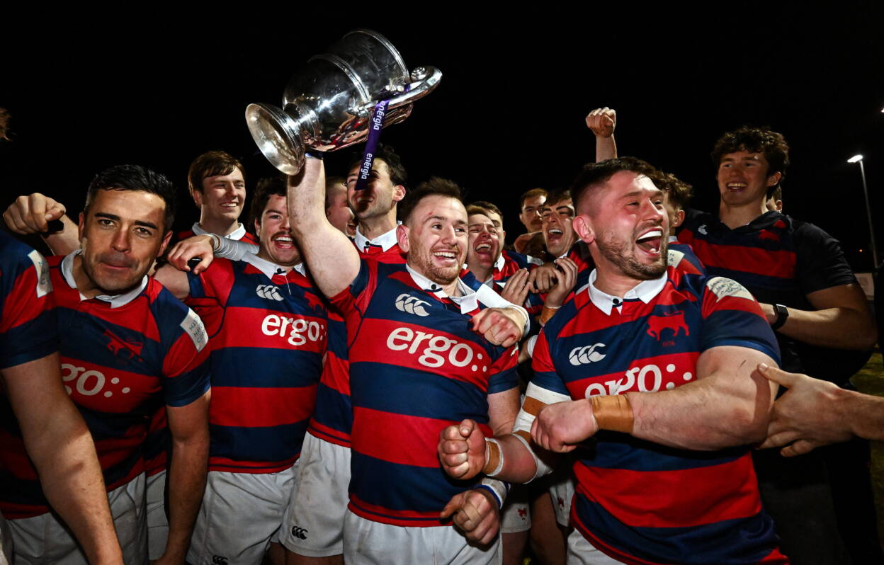 Dylan Donnellan lifts the Bateman Cup trophy for Clontarf