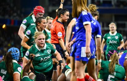 25 April 2026; Cliodhna Moloney MacDonald of Ireland, centre, is congratulated by team-mates after scoring her side's first try during the Women's Six Nations Rugby Championship match between France and Ireland at Stade Marcel Michelin in Clermont, France. Photo by Shauna Clinton/Sportsfile