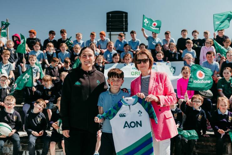 Jersey design winner Jack Smyth with Ireland star Amee-Leigh Costigan and School Principal Mary Farrell