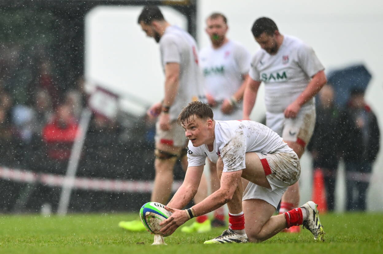 Eddie Keys lines up a place-kick for the Ulster Junior team