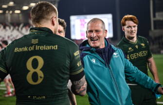 20 March 2026; Connacht head coach Stuart Lancaster and Sean Jansen after their side's victory in the United Rugby Championship match between Ulster and Connacht at Affidea Stadium in Belfast. Photo by Seb Daly/Sportsfile