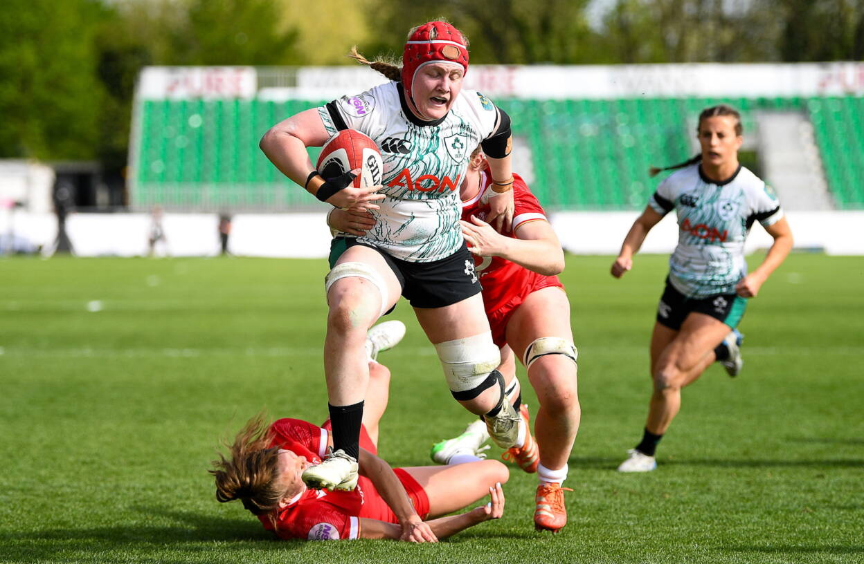 Aoife Wafer on her way to scoring against Wales in Newport