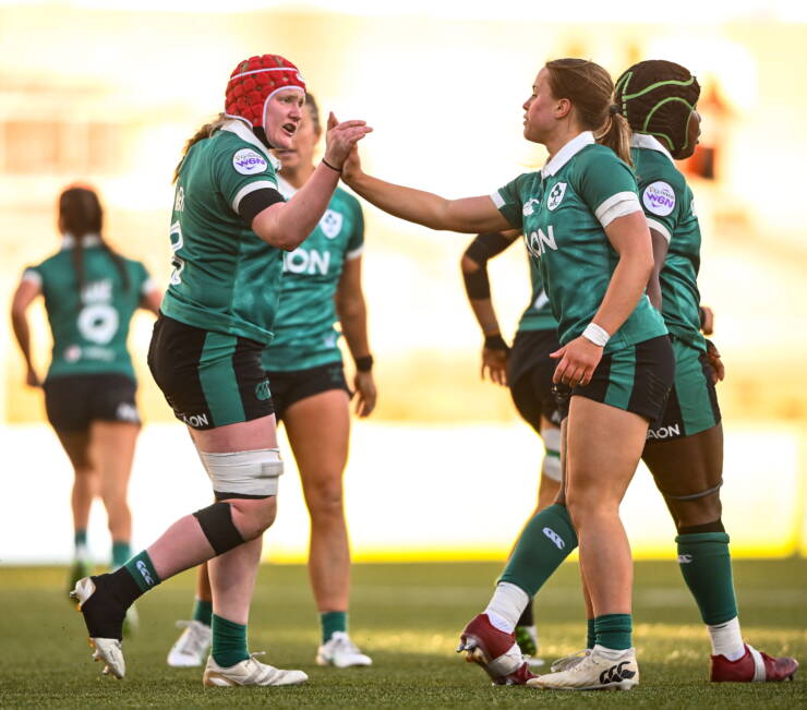 Try scorer Aoife Wafer is congratulated by Robyn O'Connor