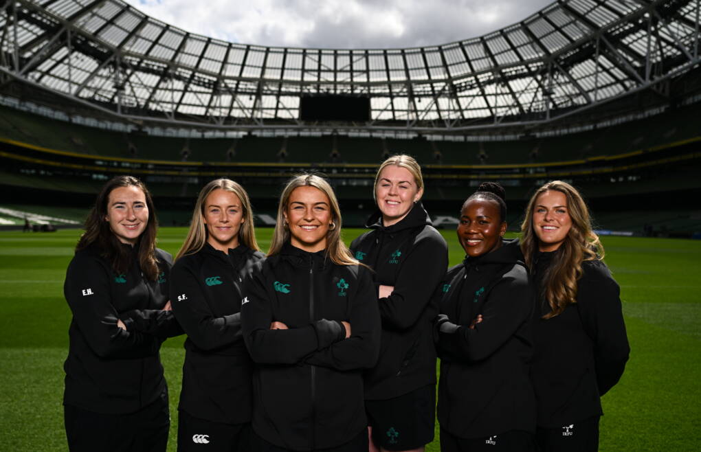 11 May 2026; Captain Erin King and teammates, from left, Eve Higgins, Stacey Flood, Sam Monaghan, Linda Djougang and Beibhinn Parsons for a portrait after an Ireland Women Rugby media conference at the Aviva Stadium in Dublin. Photo by Brendan Moran/Sportsfile