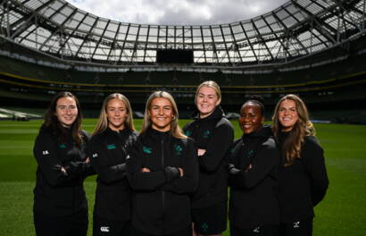 11 May 2026; Captain Erin King and teammates, from left, Eve Higgins, Stacey Flood, Sam Monaghan, Linda Djougang and Beibhinn Parsons for a portrait after an Ireland Women Rugby media conference at the Aviva Stadium in Dublin. Photo by Brendan Moran/Sportsfile