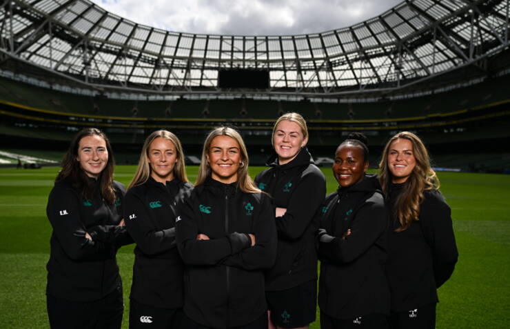 11 May 2026; Captain Erin King and teammates, from left, Eve Higgins, Stacey Flood, Sam Monaghan, Linda Djougang and Beibhinn Parsons for a portrait after an Ireland Women Rugby media conference at the Aviva Stadium in Dublin. Photo by Brendan Moran/Sportsfile