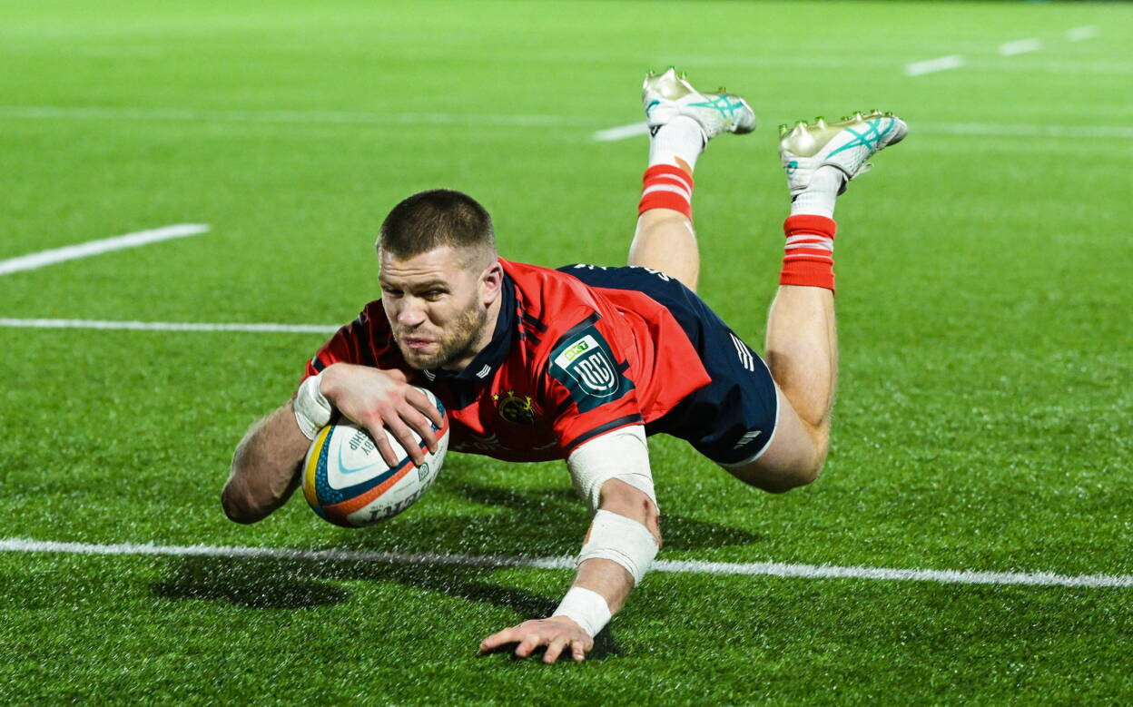Diarmuid Kilgallen dives over to score for Munster against Glasgow Warriors