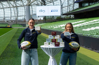 Irish rugby Internationals, Anna McGann and Stacey Flood announcing a new partnership between Aviva Ireland and Riley to provide free period products across Aviva Stadium.