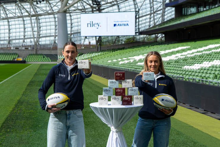 Irish rugby Internationals, Anna McGann and Stacey Flood announcing a new partnership between Aviva Ireland and Riley to provide free period products across Aviva Stadium.