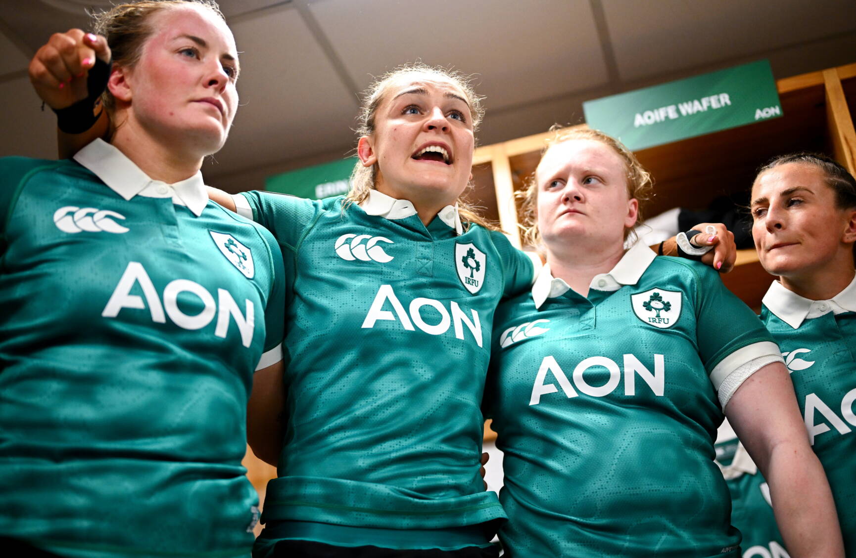 Ireland players, from left, Fiona Tuite, Erin King, Aoife Wafer and Emily Lane huddle with team-mates in the dressing-room ahead of the Women's Six Nations Rugby Championship match between France and Ireland at Stade Marcel Michelin in Clermont, France. Photo by Shauna Clinton/Sportsfile