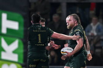 Finlay Bealham is congratulated after scoring against Ulster