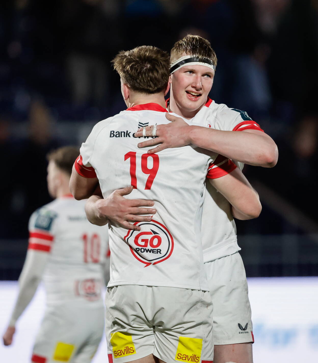 Charlie Irvine celebrates Ulster's win over Edinburgh with Joe Hopes