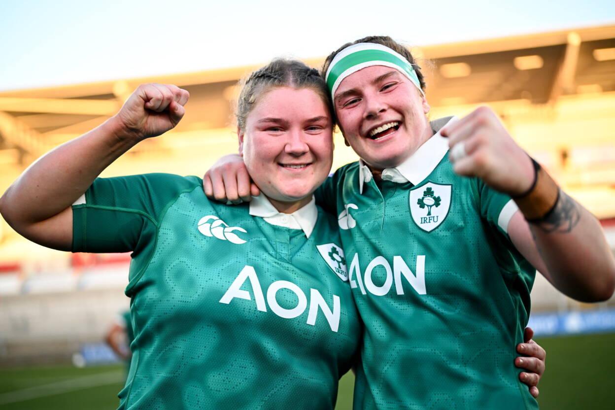 EilÃs Cahill with Ruth Campbell after the win over Wales