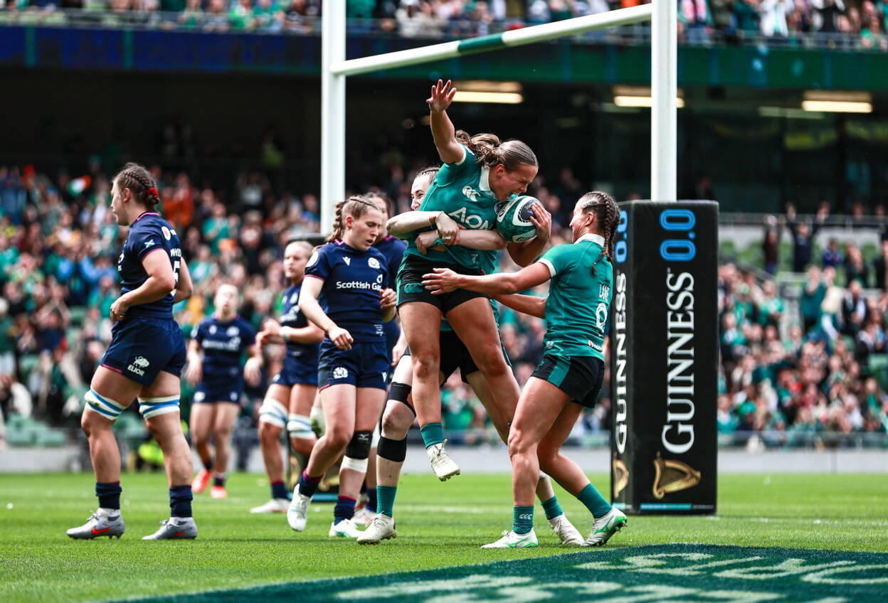 Robyn O'Connor celebrates after scoring Ireland's second try against Scotland