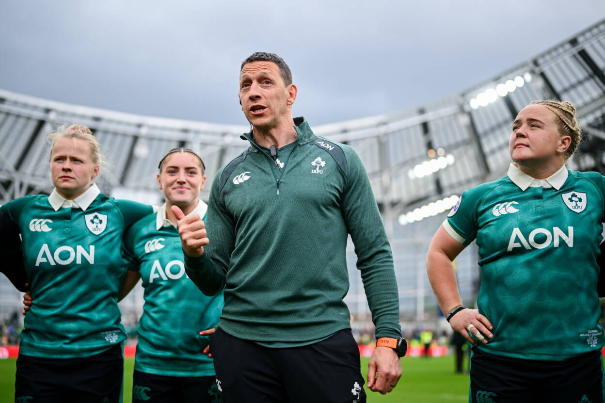 Ireland head coach Scott Bemand talks to the players