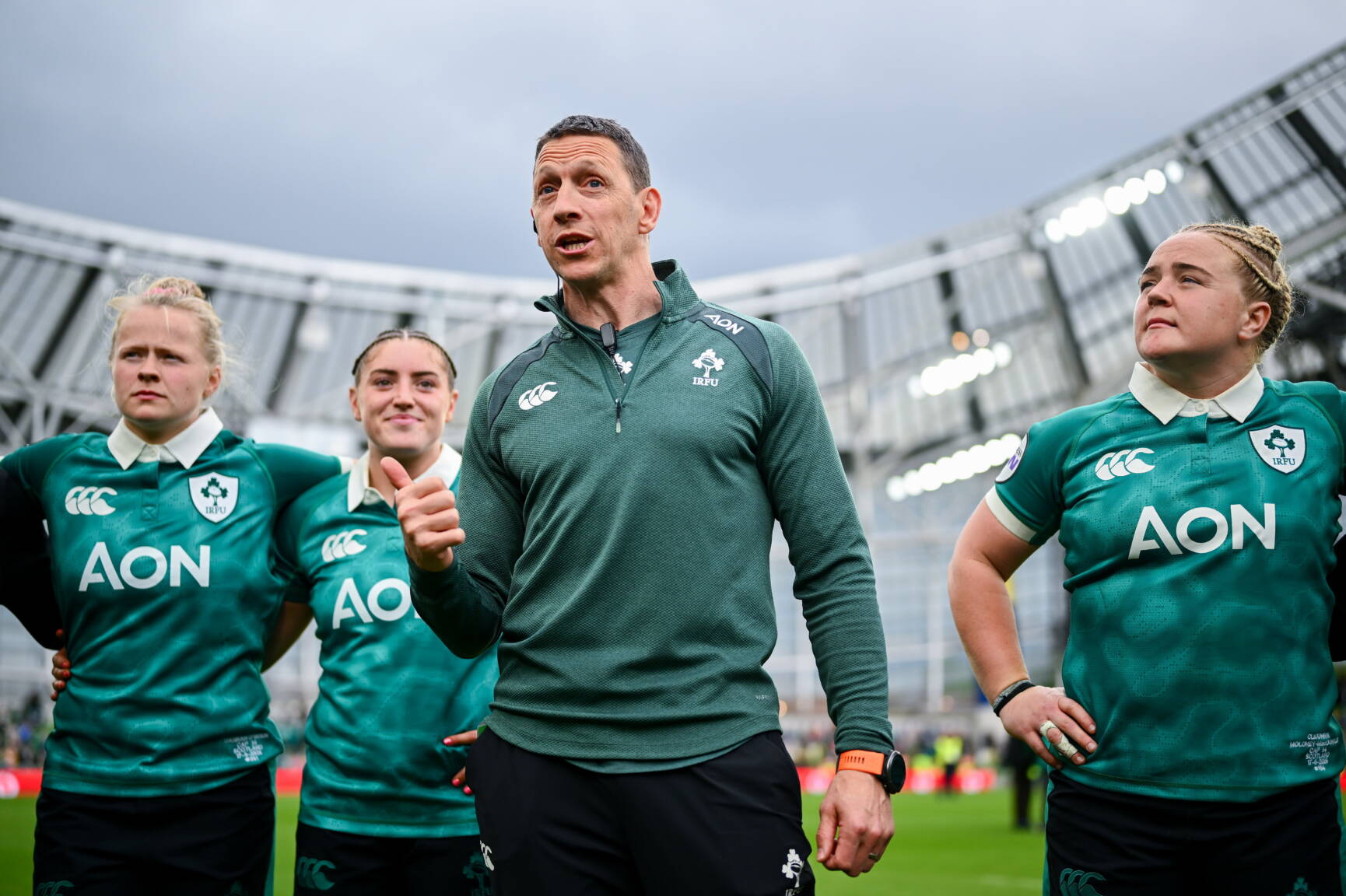 Ireland head coach Scott Bemand talks to the players