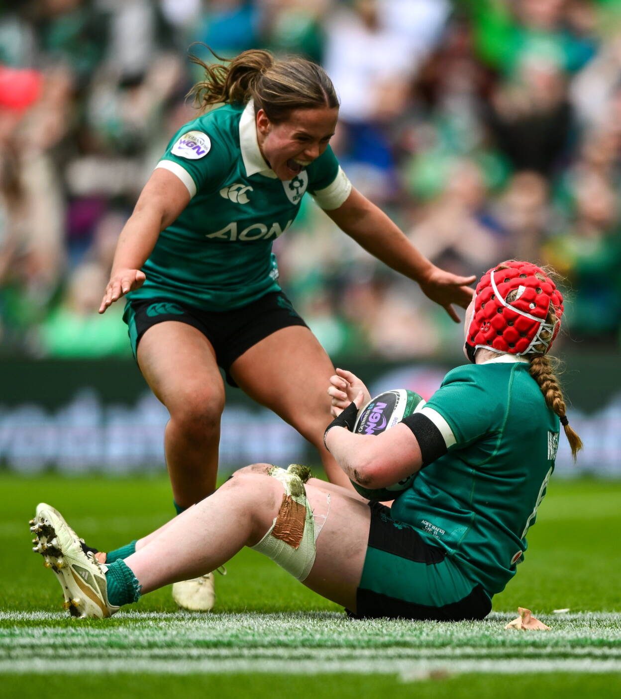 Try scorer Aoife Wafer is congratulated by Robyn O'Connor