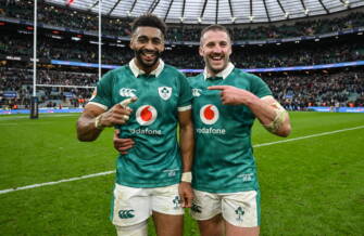 Robert Baloucoune and Stuart McCloskey are pictured following Ireland's win over England
