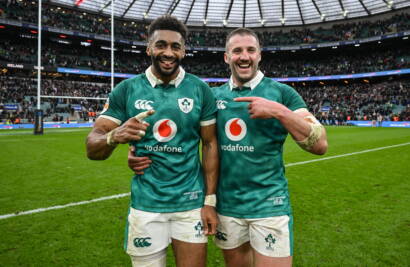 Robert Baloucoune and Stuart McCloskey are pictured following Ireland's win over England