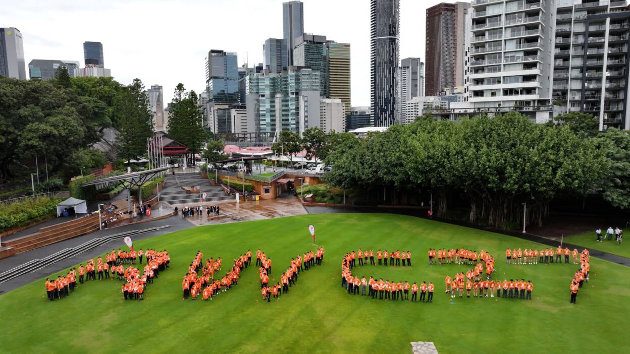 Brisbane school students form a 'RWC27' human mosaic