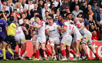 Ulster celebrate Tom Stewart's try off a maul against Exeter Chiefs