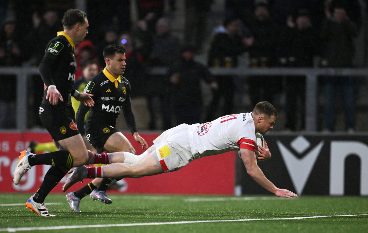 Zac Ward dives over to score Ulster's first try against La Rochelle