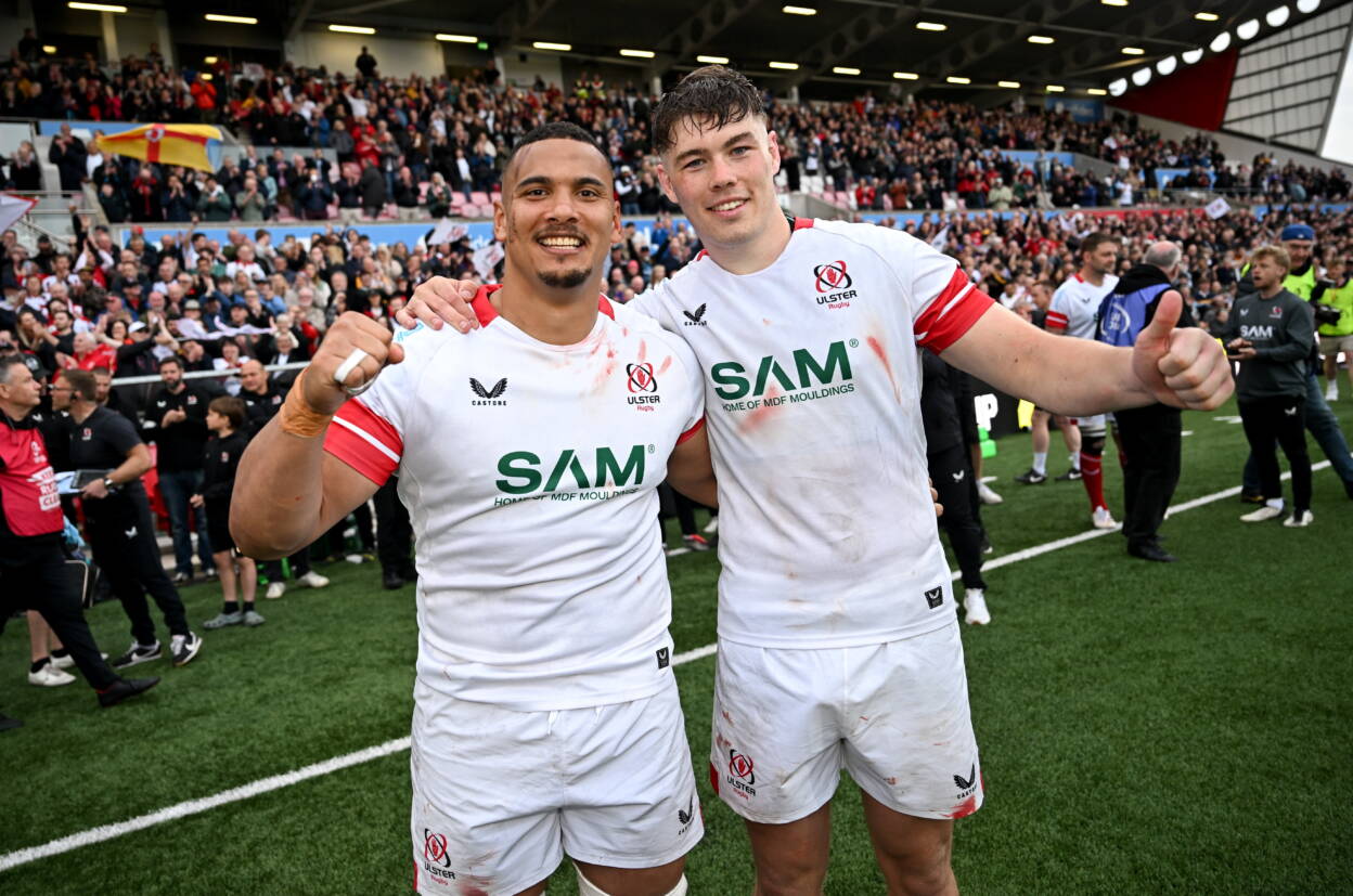 Juarno Augustus and Jude Postlethwaite celebrate Ulster's qualification for the final