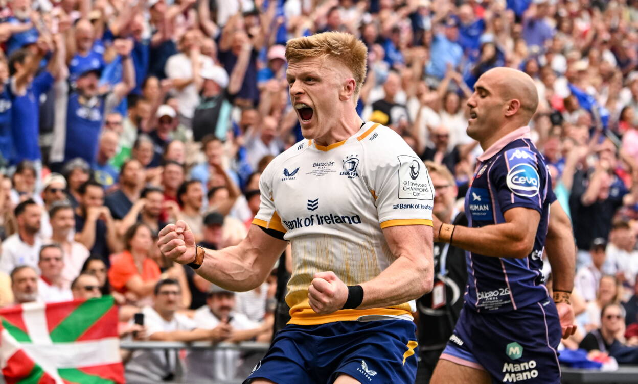 Tommy O'Brien celebrates after scoring Leinster's opening try against Bordeaux